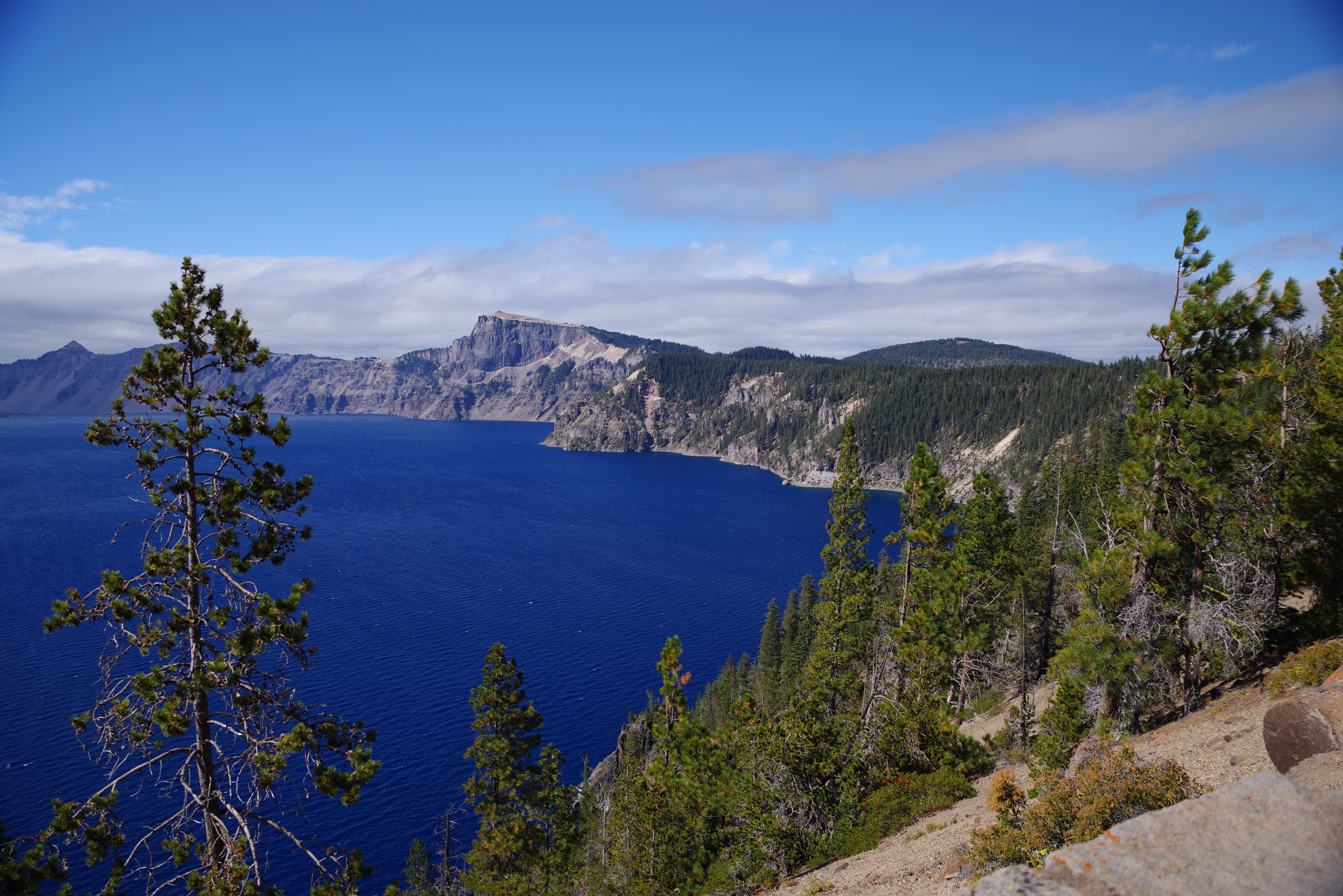 A stunning view of Carter Lake surrounded by lush green forests and distant mountains under a clear blue sky.