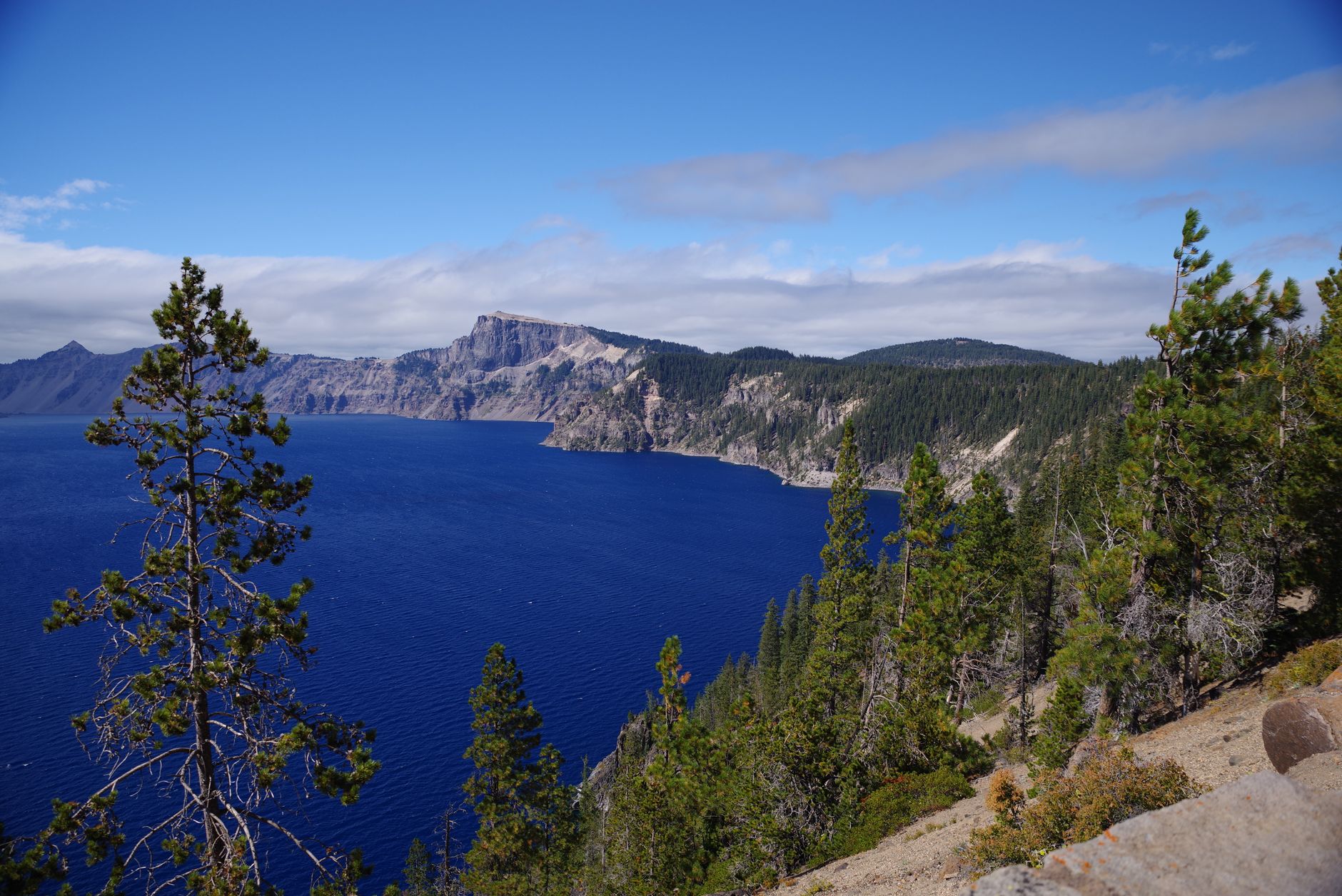 A stunning view of Carter Lake surrounded by lush green forests and distant mountains under a clear blue sky.