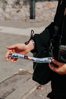 A person holding a film roll outdoors on a sunny day, showcasing photography interest.