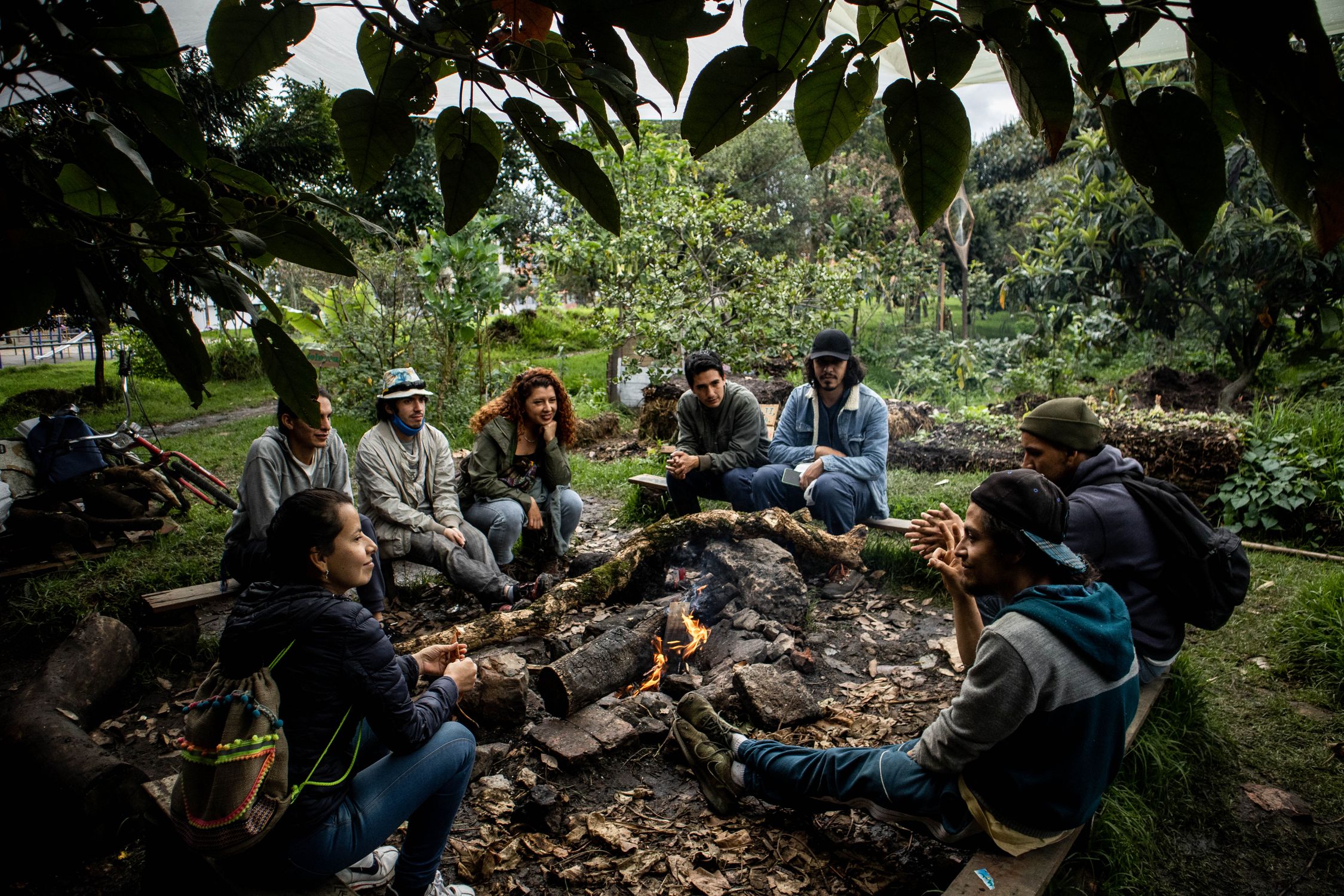 A diverse group enjoying a warm campfire in an outdoor garden setting in Bogotá, Colombia.