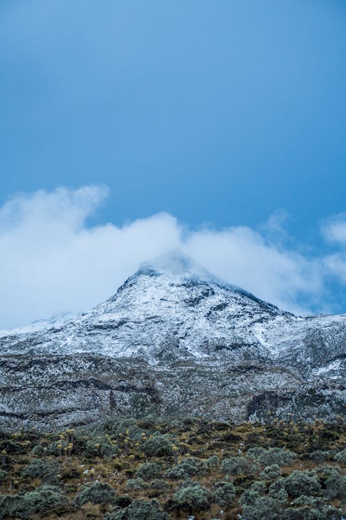 A Snow Covered Mountain under a Blue Sky