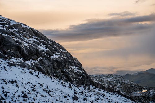 A Snow Covered Mountain under a Cloudy Sky