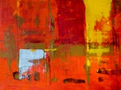 画布上，大胆的抽象艺术作品呈现出动态的色彩与纹理