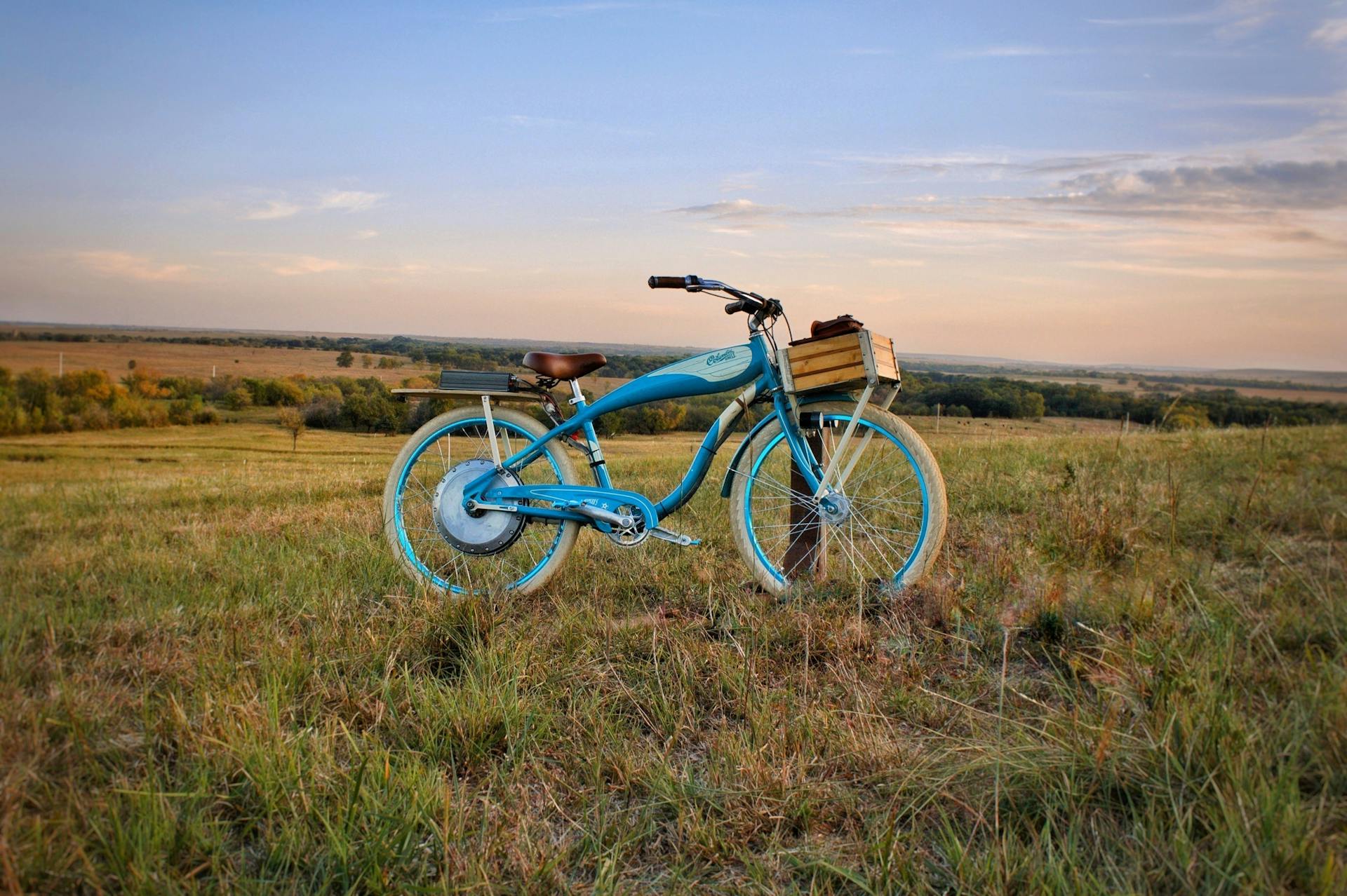 A blue bicycle stands in a lush field with a serene Kansas countryside backdrop at sunset.