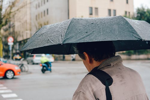 Man Holding Black Folding Umbrella Walking Along Street