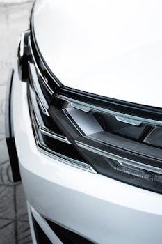 Detailed close-up of a modern white car's headlight design.