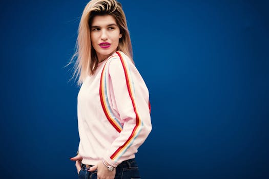 一位穿着休闲服装的时尚女性在纯蓝色背景下自信地摆出姿势