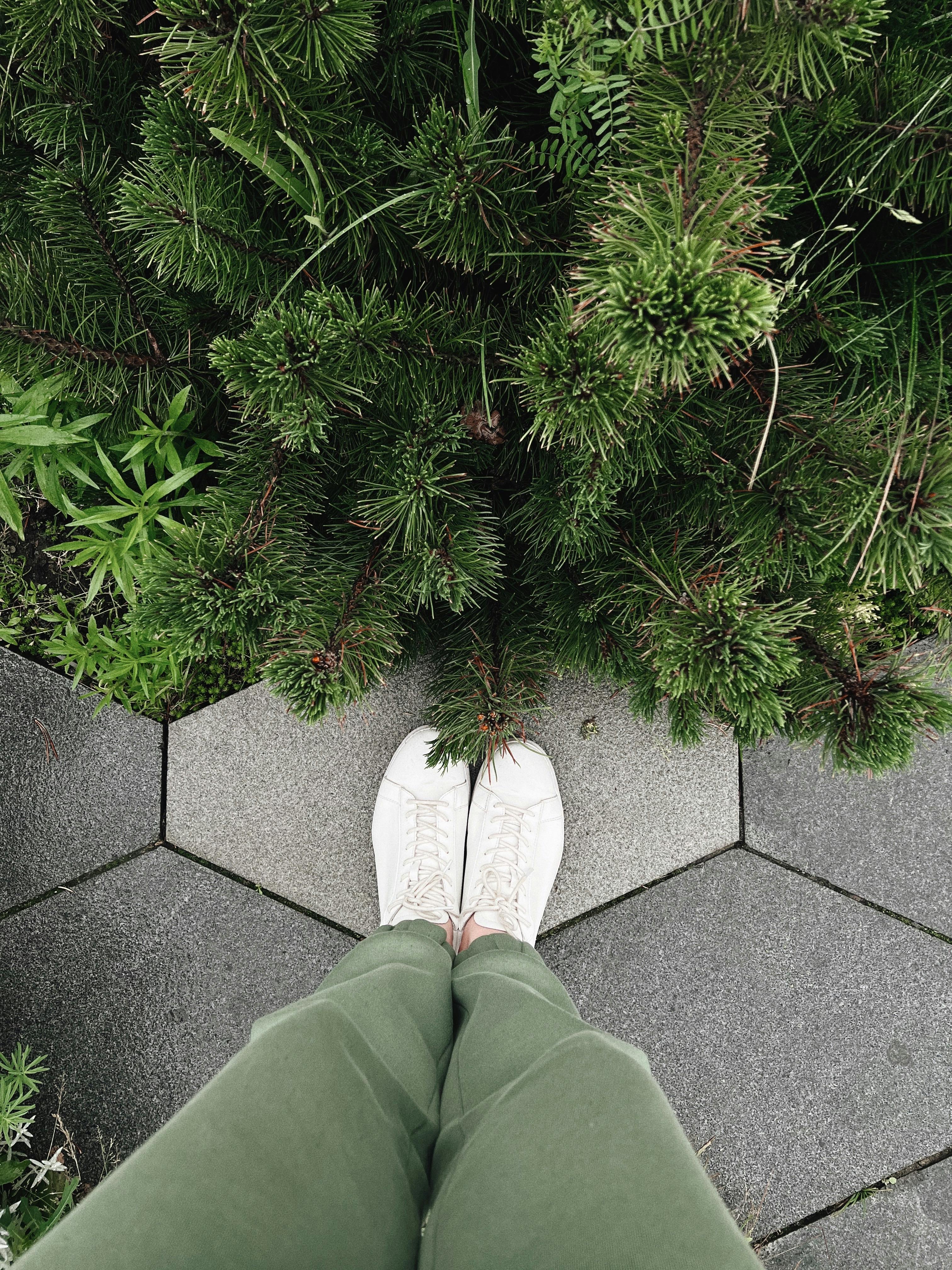 Free Person in Green Pants and White Shoes Standing on Gray Concrete Floor Stock Photo