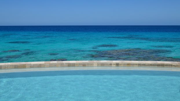 Infinity pool with a breathtaking view of the turquoise ocean on a clear sunny day.