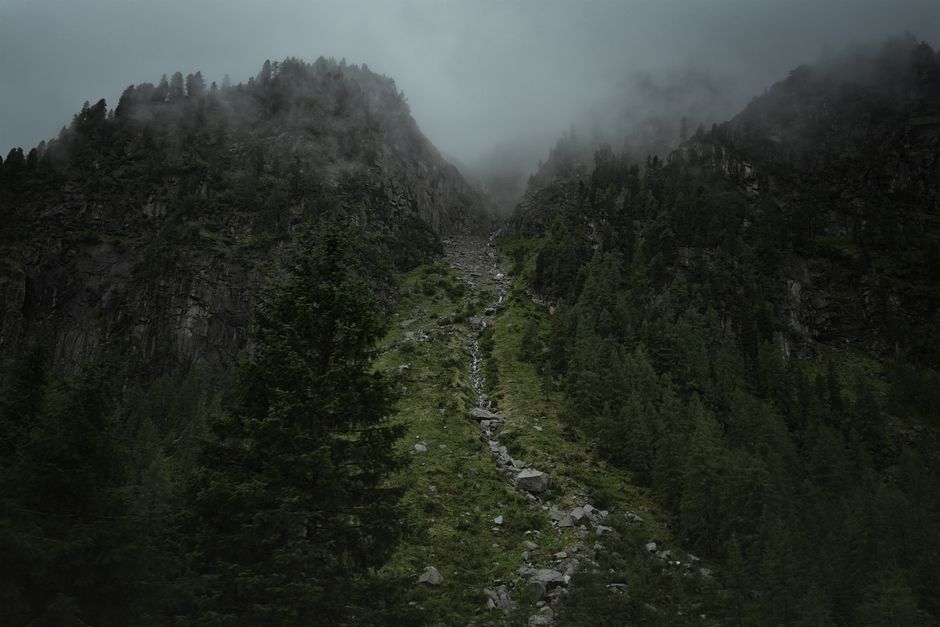 Foggy mountain view with lush green trees and rocky terrain in Sarentino, Italy.