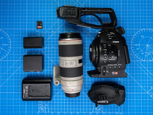Free A Camera with Accessories in Top View Stock Photo