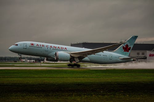 белый самолет Air Canada на зеленой траве