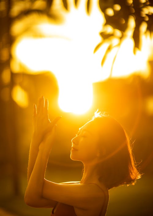 Free Yellow Toned Image of a Woman Meditating in Morning Sun Stock Photo