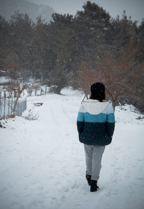 Person Wearing Jacket Walking on Snow Covered Ground