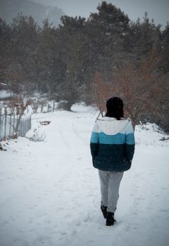 A person in a jacket walks through a snowy forest path during winter snowfall.