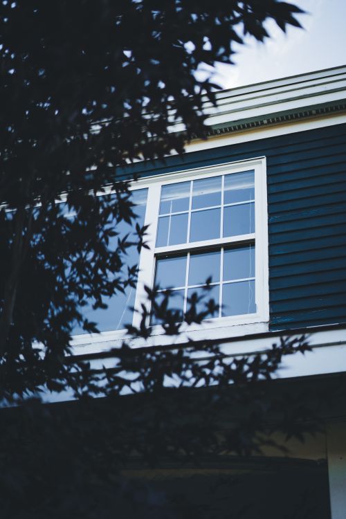 Alt Text: A crisp, low-angle shot looking up at the clean glass windows and rooflines of a modern contemporary home.