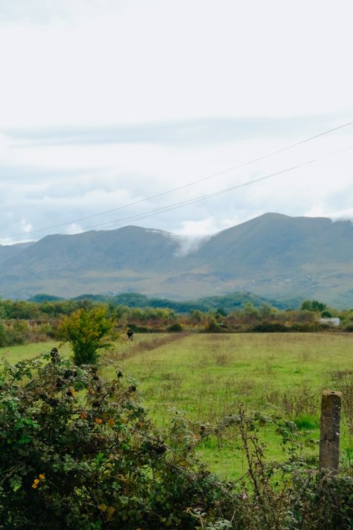 Free A tranquil rural scene featuring lush fields and distant mountains under a cloudy sky. Stock Photo