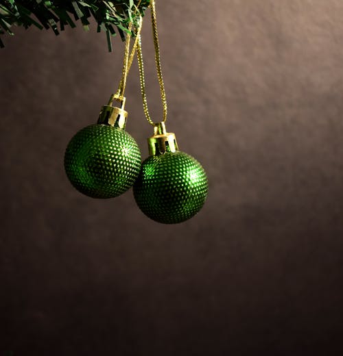 Green Christmas Balls in Close Up Photography