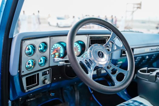 Close-up view of a classic car's dashboard and steering wheel, featuring analog speedometers.