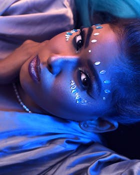 Close-up shot of a woman with artistic blue makeup and decorative elements.