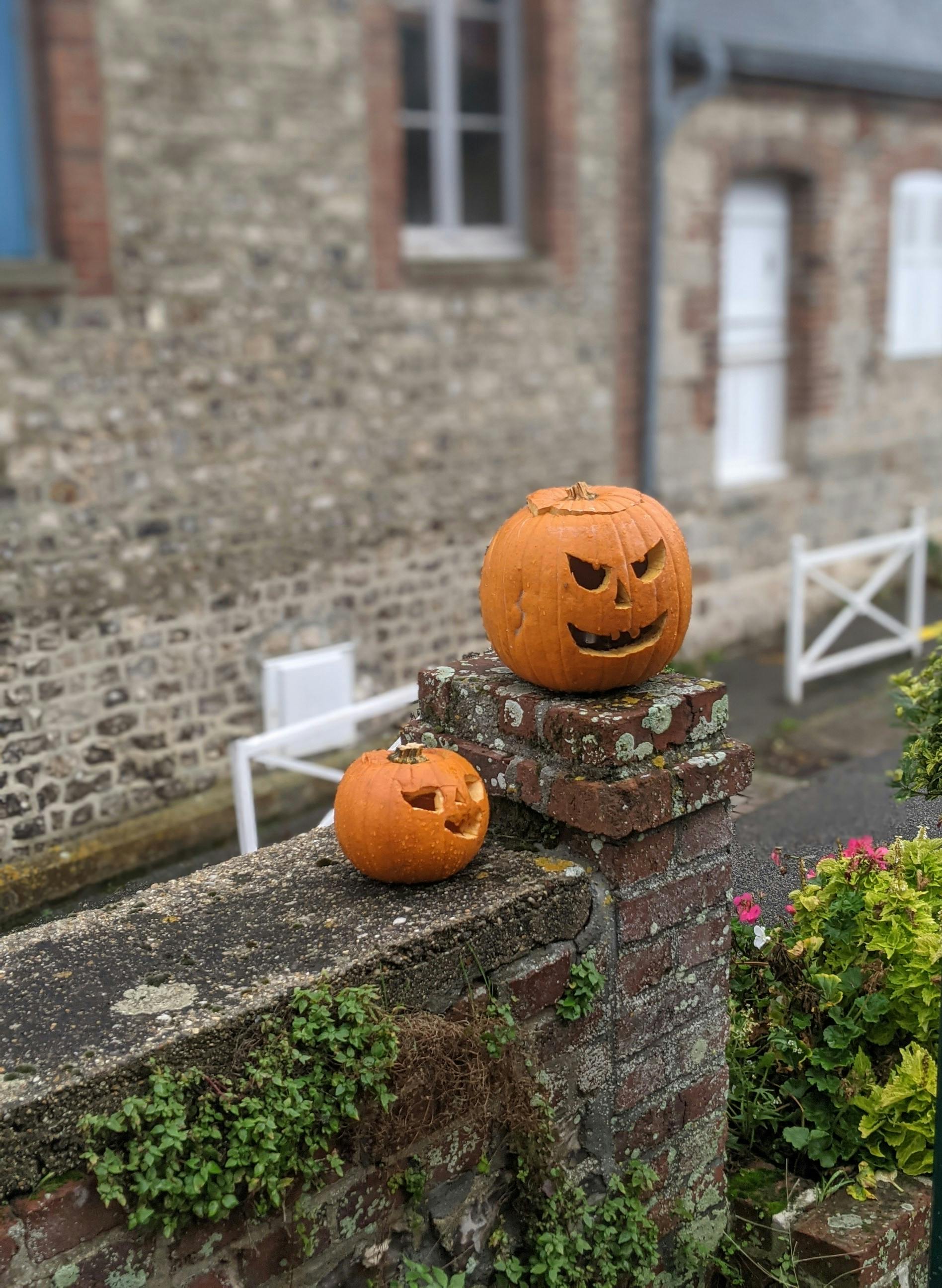 Festive Halloween pumpkins sit on a rustic brick wall in Veules-les-Roses, France.