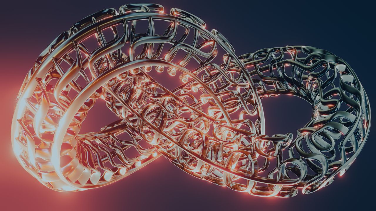 intricate digital artwork of a golden infinite chain design with a lum