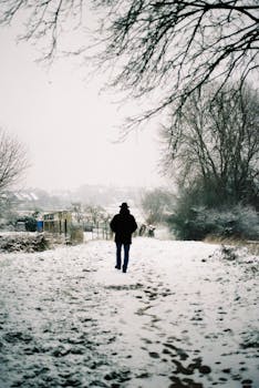 Person in black jacket walking alone on a snowy path during winter.