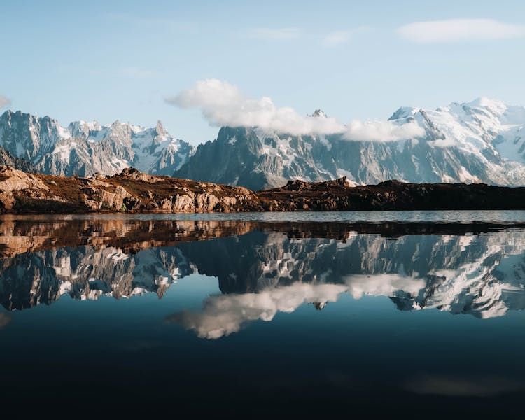 Scenic View Of The Snowy Mountains Near The Lake