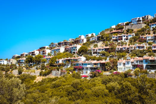 Picturesque hillside town in Bodrum, Türkiye with vibrant vegetation and clear blue skies.