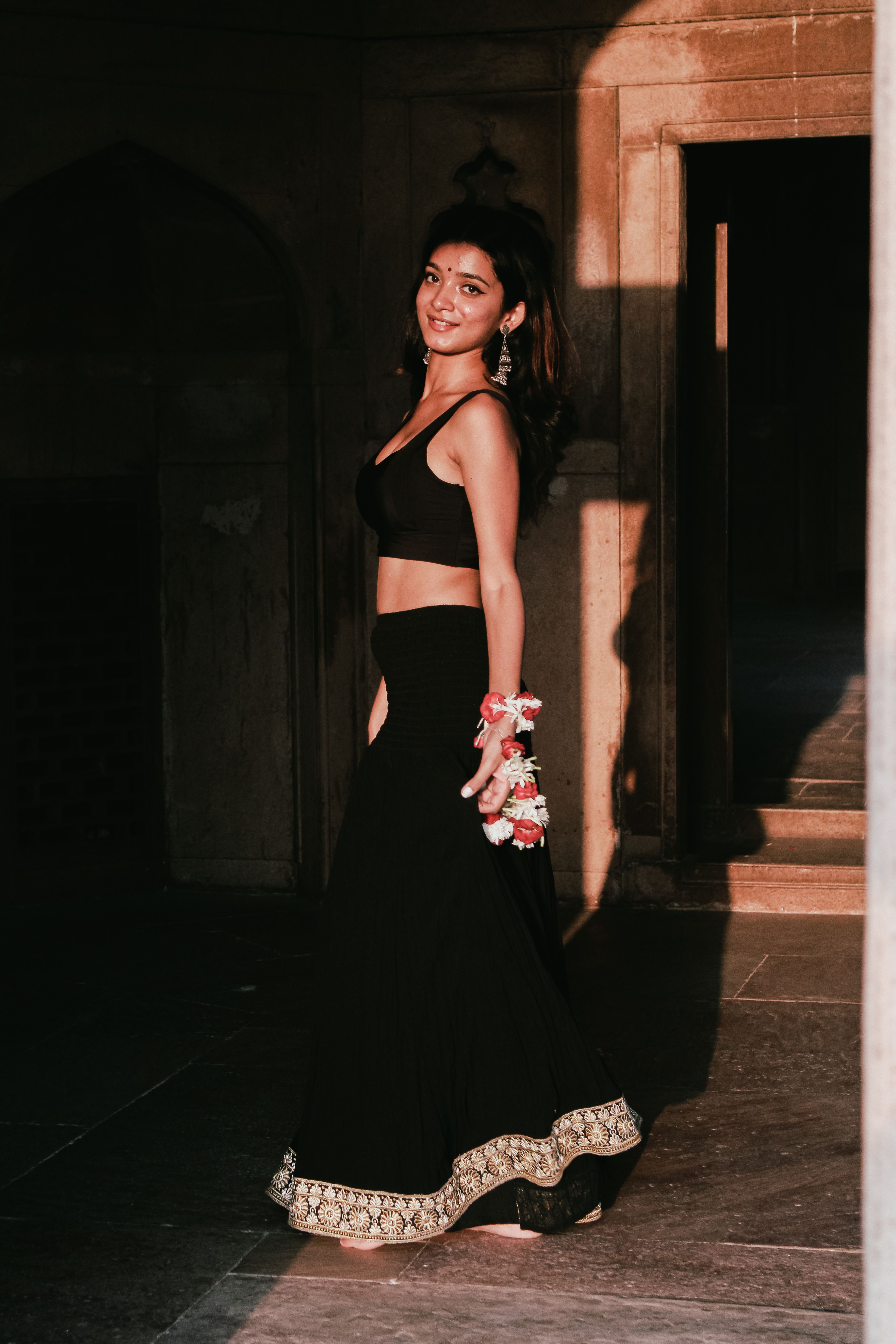 BLACK SELF ON SELF TOP WITH DRAPE SKIRT