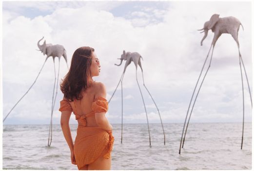 Woman in Orange Bikini Top Holding White Bird on Beach