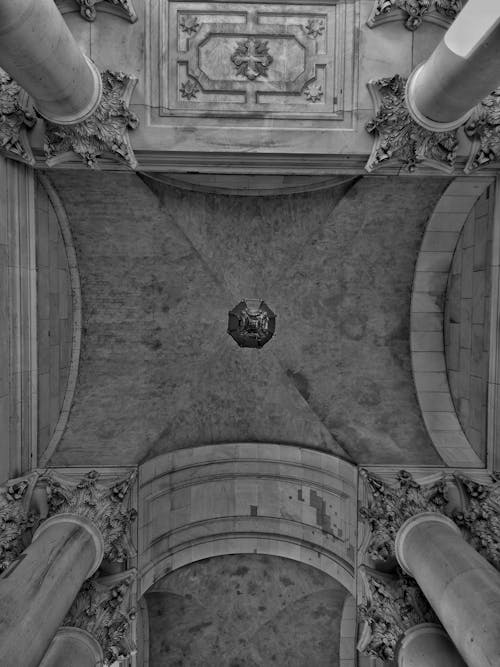 Free Grayscale Photo of a Baroque Architecture Design of a Ceiling Stock Photo