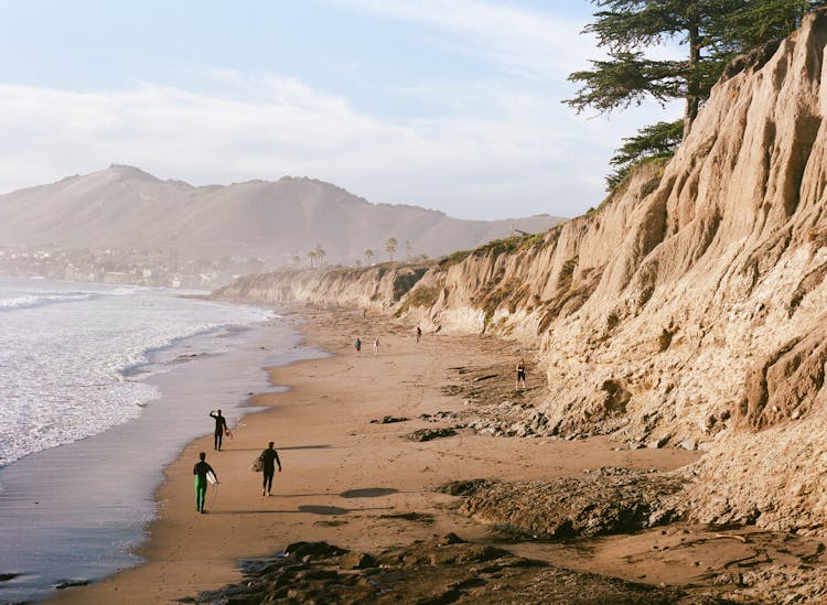 People Walking On Beach By Cliffs