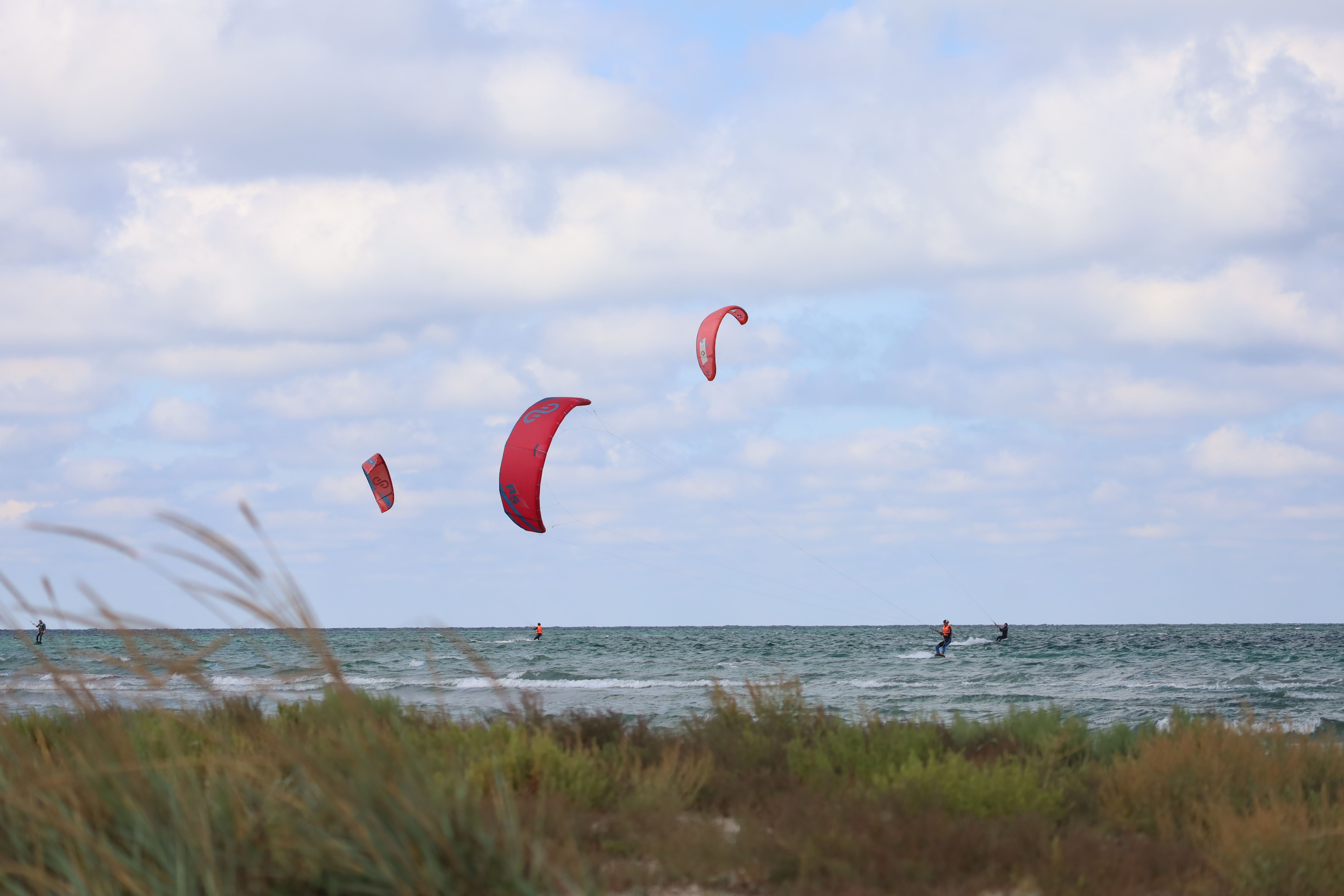Kitesurfers enjoy the thrill of the ocean breeze on a bright summer day. Perfect for adventure seeke