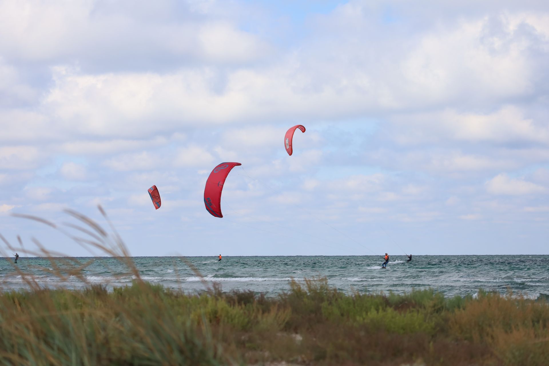 Kitesurfers enjoy the thrill of the ocean breeze on a bright summer day. Perfect for adventure seeke