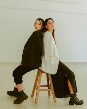 Two women in fashionable outfits sitting back to back on a stool in a minimalist setting.