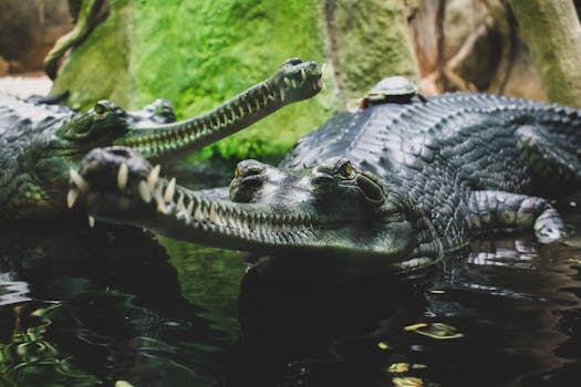 Detailed image of gharials basking in water at Prague Zoo, showcasing unique features.