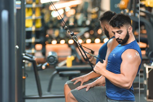 Man in blue activewear performing cable workout in a fitness gym in Antalya, Turkey.