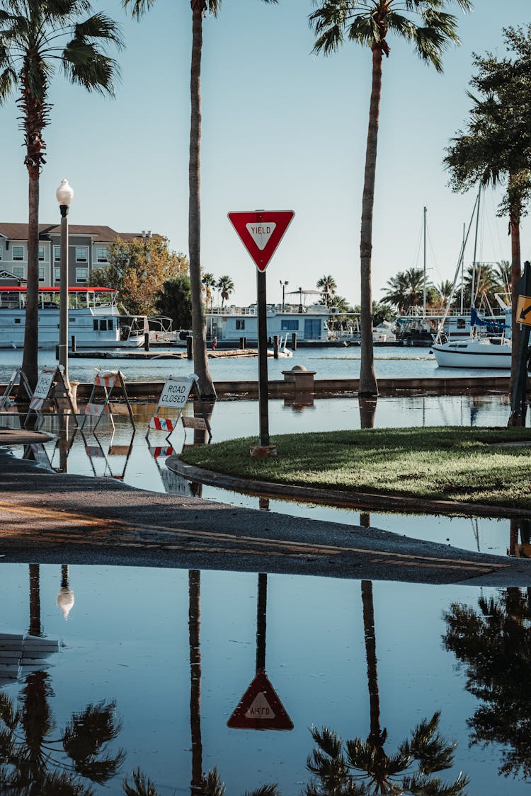 Yield Warning Sign Post On Park