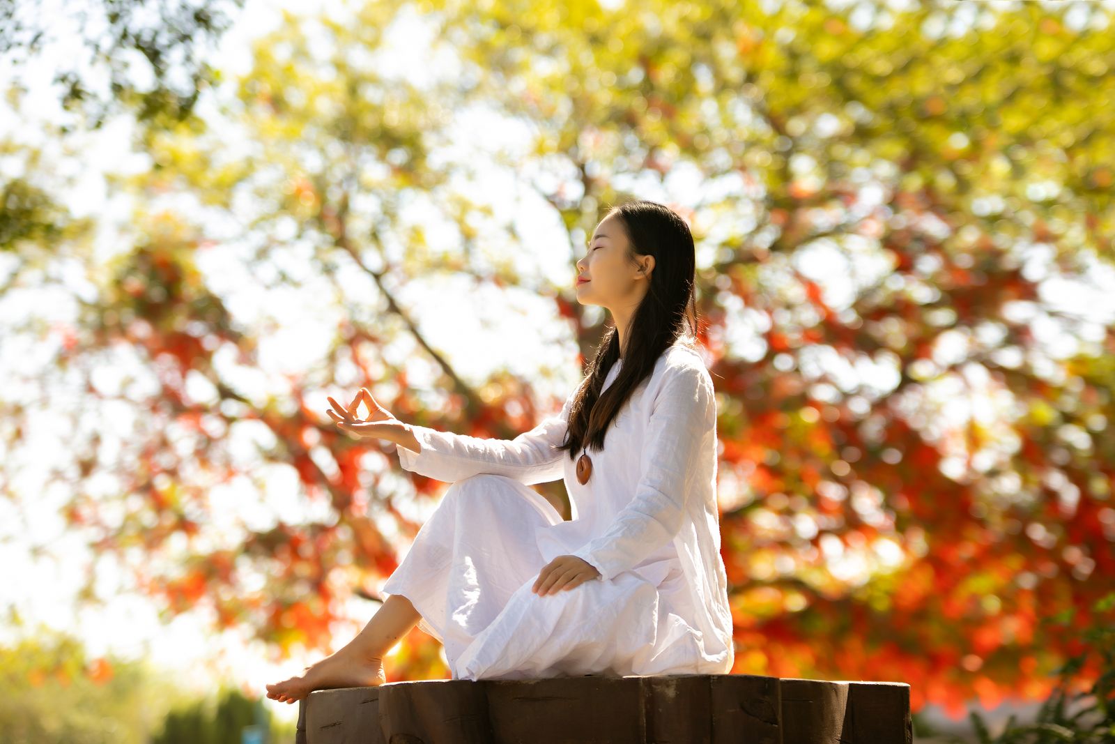 Woman meditating mindfully outdoors, reflecting the calm mental state a yogic diet aims to support