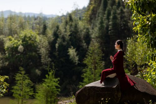 Free Asian woman in traditional clothing meditating on a rock in a serene forest setting. Stock Photo
