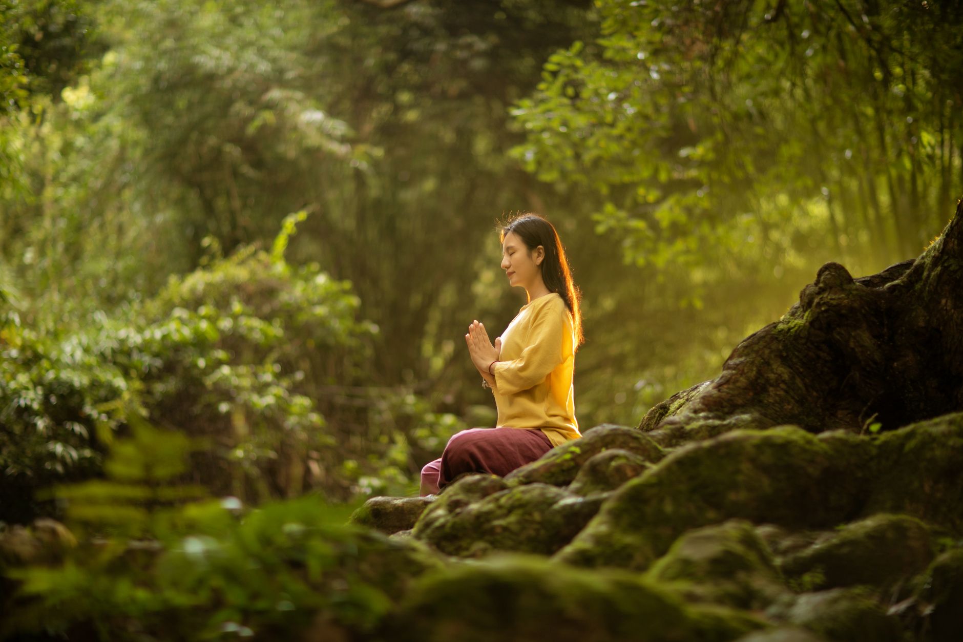 Huzurlu bir doğa manzarasında meditasyon yapan ve içsel sessizliğiyle merkezine dönen bir kişinin ruhsal dinginliği.