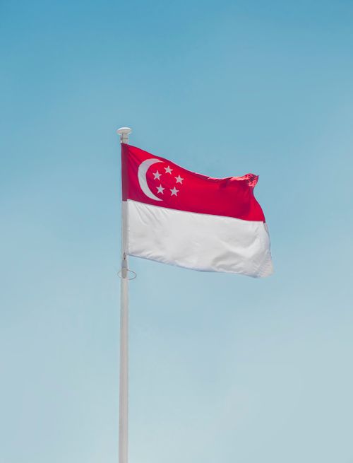 Free Singapore flag waving high against a clear blue sky, symbolizing pride and identity. Stock Photo