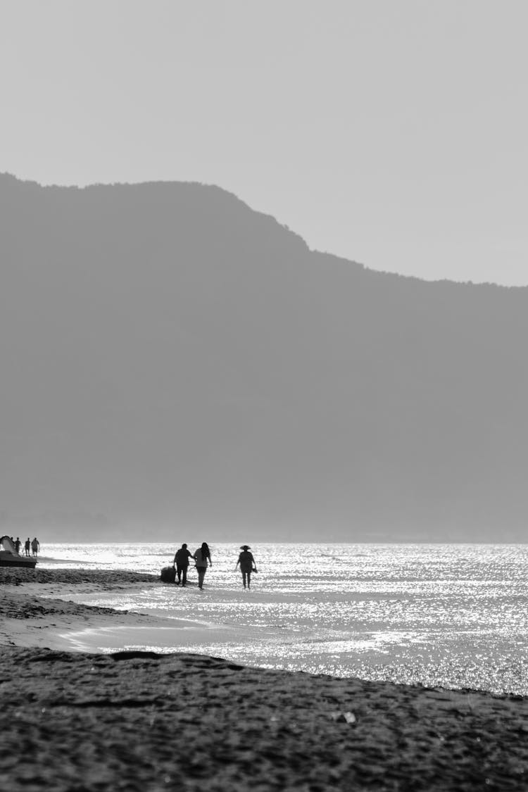 Grayscale Photo Of People Walking On The Beach