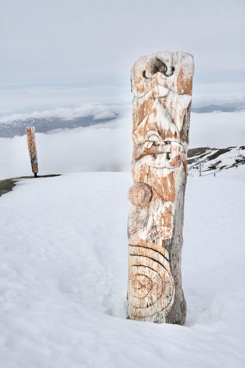 Wooden Carved Sculpture on Snow