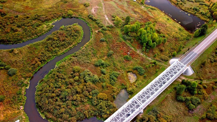 Aerial Shot Of A Bridge Across The River