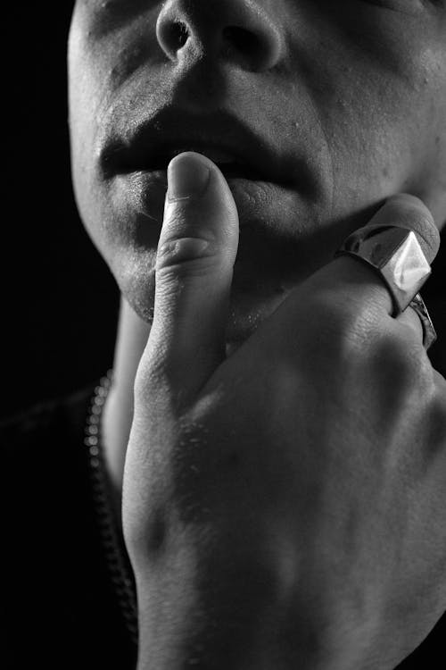 Closeup of a Hand Touching Lips