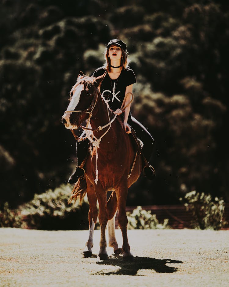 Woman In Black Shirt Riding A Brown Horse