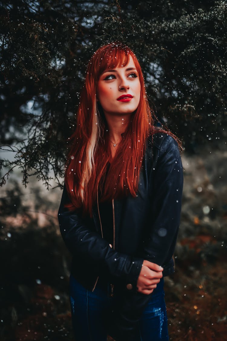 Redhead Woman Posing Outside In Winter 