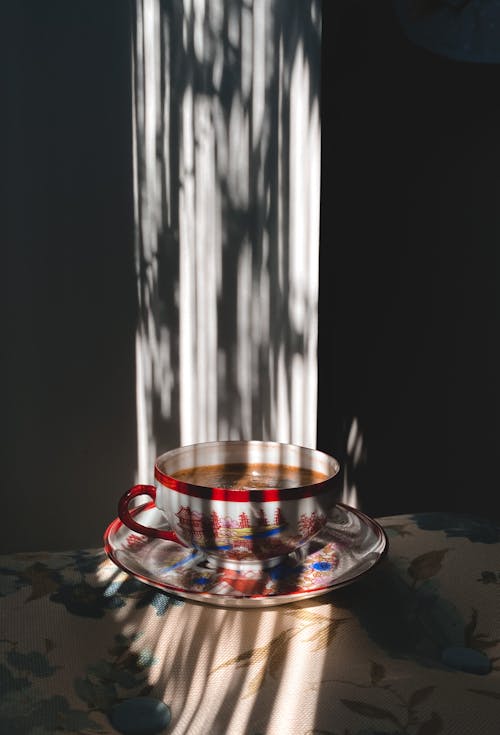 Free White and Red Ceramic Cup with Coffee Stock Photo